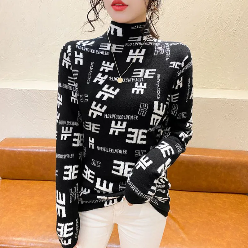 Women Clothing Fashion Half Turtleneck Pullover Autumn Winter Letter Long Sleeve Sweater Office Lady Comfortable Thicken Top