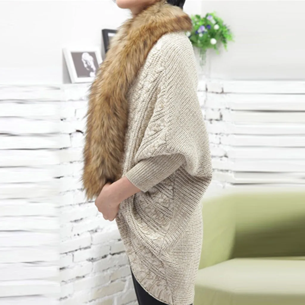 Women Cardigans Sweater Thick Poncho Capes 2024 Autumn Winter Femme Knitted Bat Sleeve Fur Collar Sweater Knitted Long Cardigan