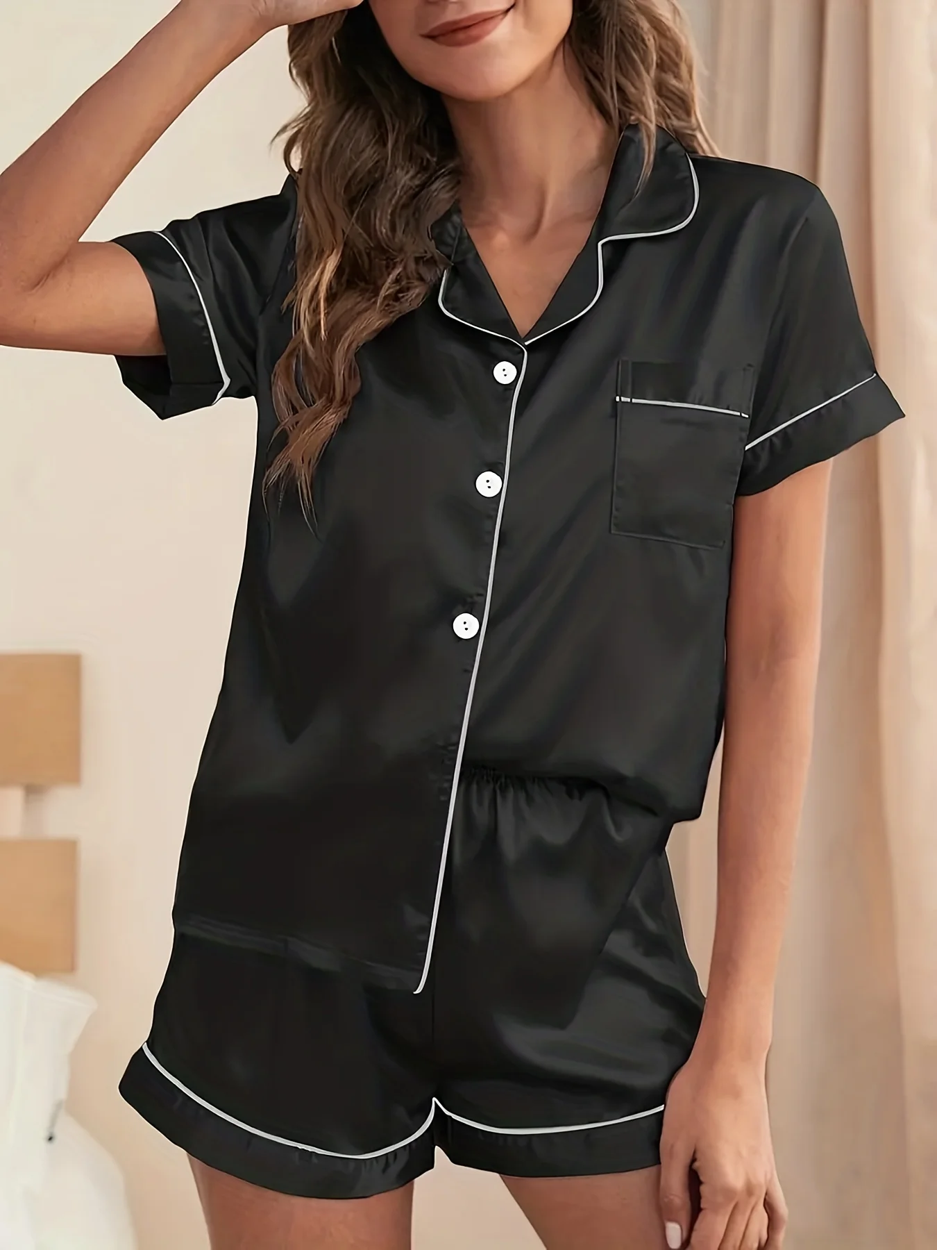 Damen Sommer Satin Eisseide Pyjama-Set Schlafanzug Entspannte Passform Einfarbig Lässig Kurzarm-Oberteil & Shorts Loungewear