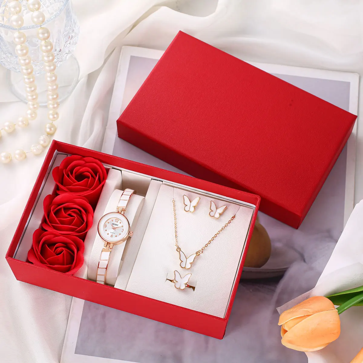 4PCS Set Women Bracelet Watches New Top Luxury Ladies Stainless Steel Wrist Quartz Watch For Valentine's Day Birthday Box Gifts