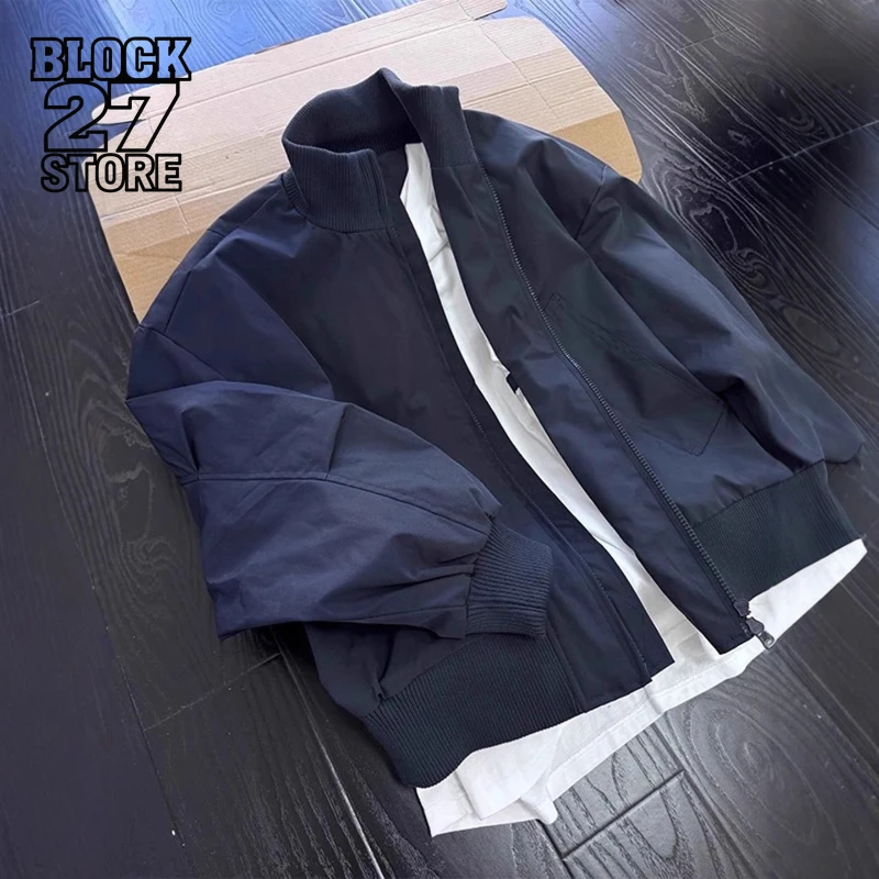 

Mens Jacket Harajuku American Streetwear Navy Blue Bomber Jacket Stand Collar Short Coat Autumn Casual Unisex Fashion Trend New
