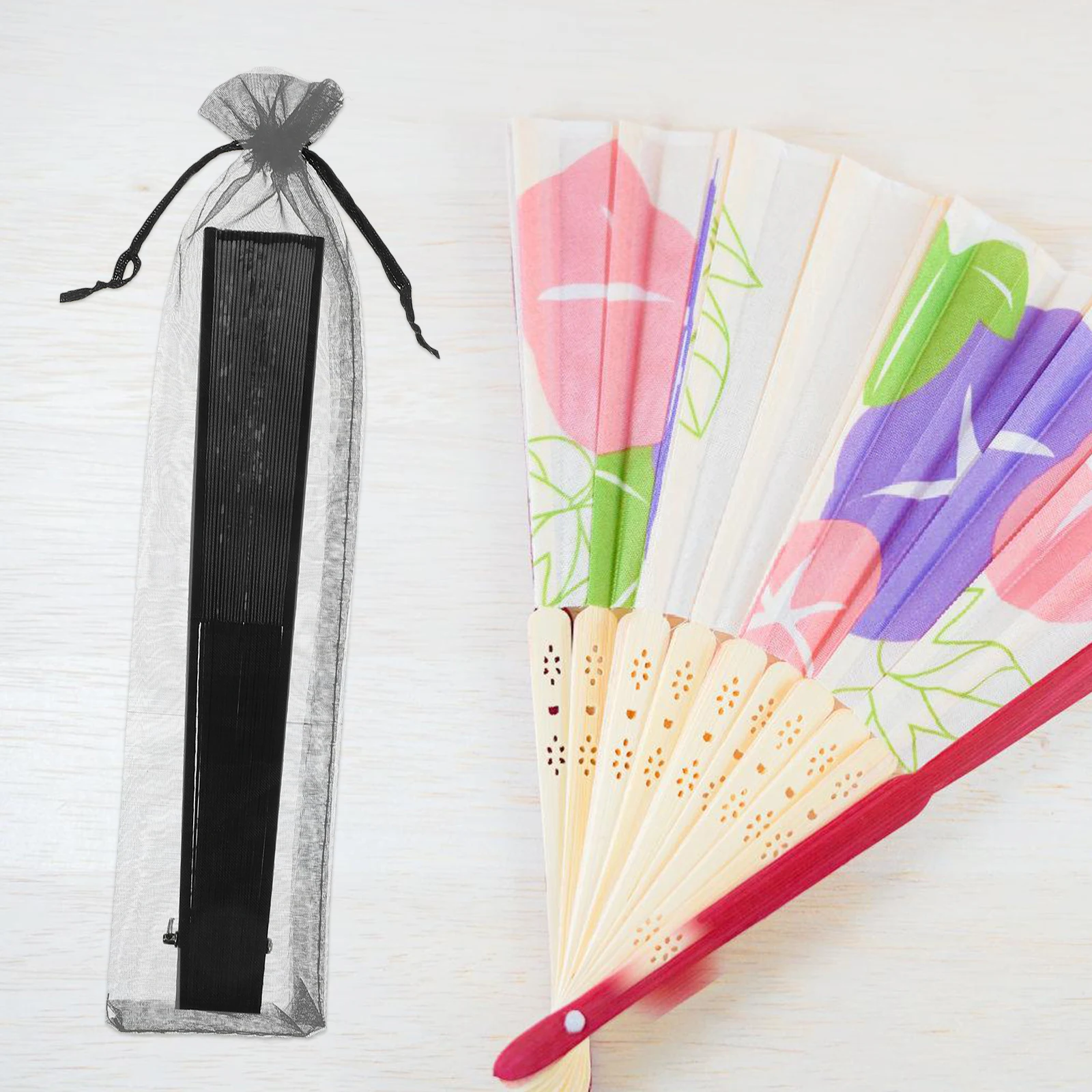 

50pcs Mesh Bags Drawstring Organza Favor Small Jewelry Wedding Party Favors Black Hand Fan Case Foldable Storage