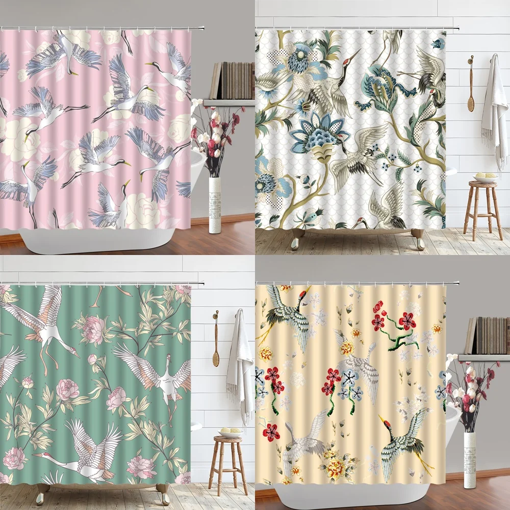 

White Crane Pine Branch Shower Curtain Japanese Style Animal Bird Waterproof Polyester Bath Curtains Bathroom Decor with Hooks