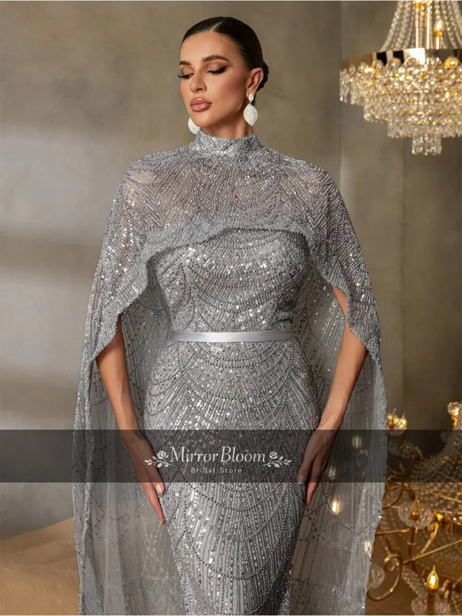 

Luxury Saudi Style Silver Beaded Formal Evening Gowns Women Cape Sleeve Mermaid Luxury Evening Special Occasion Dresses Floor