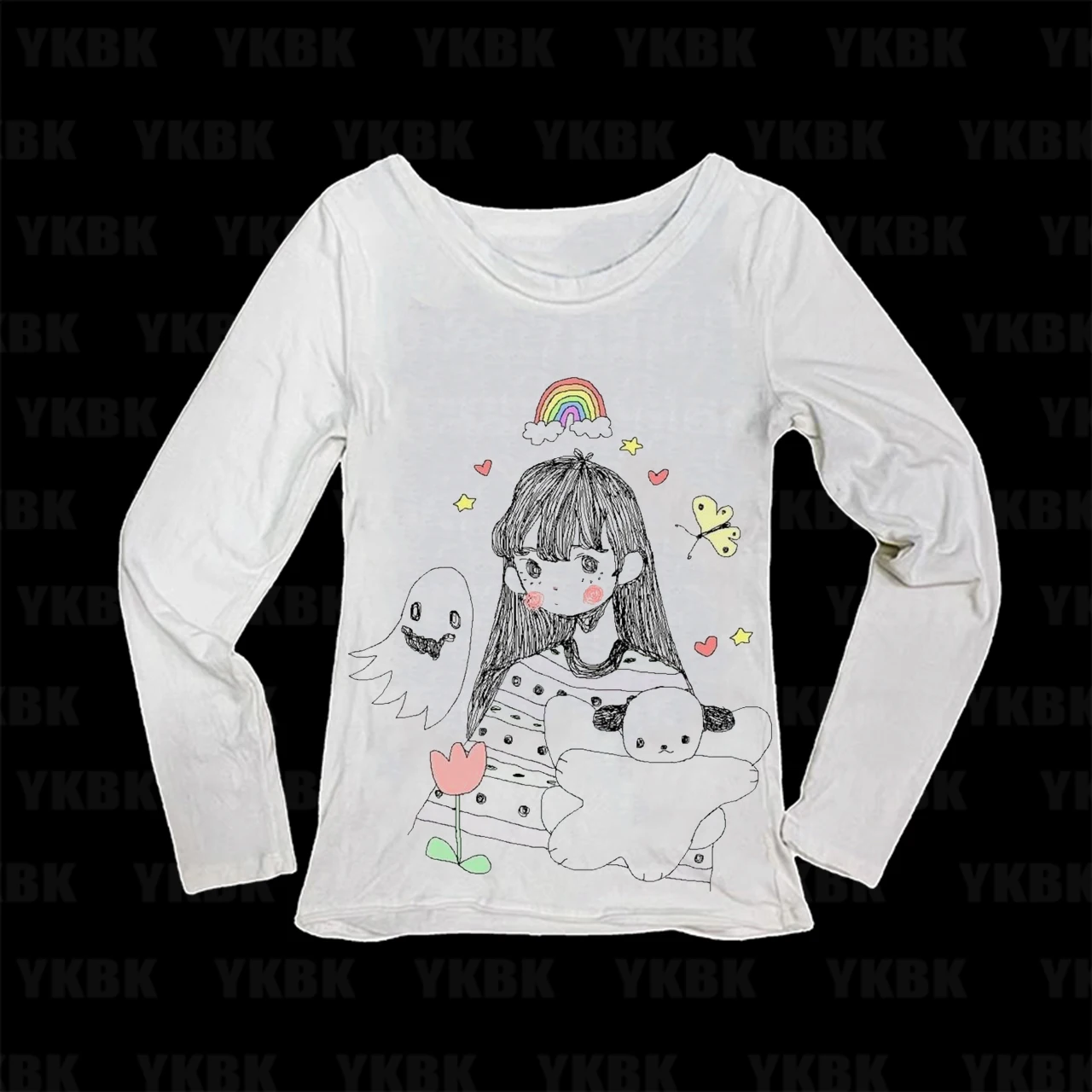 Cute Sketch Girl & Ghost Women Long Sleeve Tee Y2K Kawaii Aesthetic Slim White Rainbow Puppy Art Street T-shirt