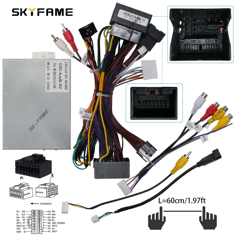 Skyfame adaptador de cablagem de carro, 16 pinos, caixa canbus, decodificador, cabo de alimentação de rádio android para audi q3 q5 a1 a4l