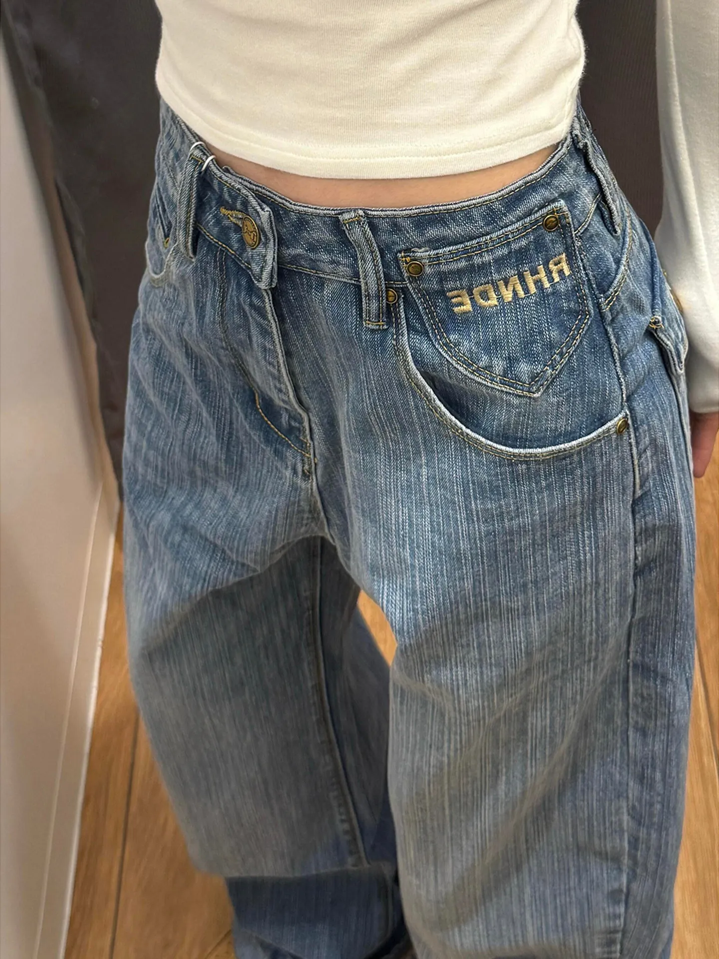 Adjustable Belted Straight Leg Denim Jeans with Knife  Design Letter Embroidery And Bamboo Node Pattern High Waist Jeans