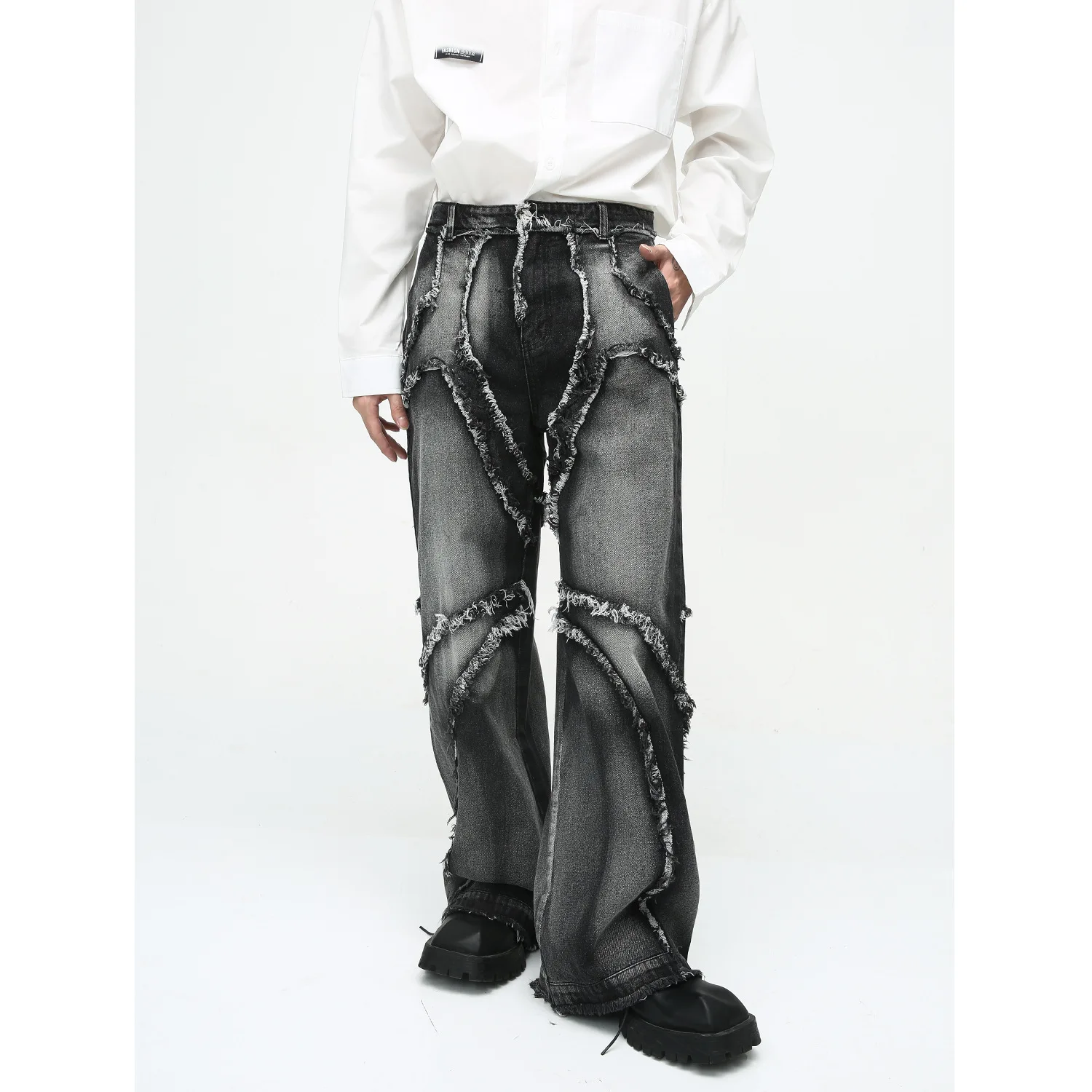 

Punk Black Streetwear Rock Retro High Waist Baggy Basket Jeans Men 2023 Raw Edge Washed Straigth Wide Leg Trousers For Men