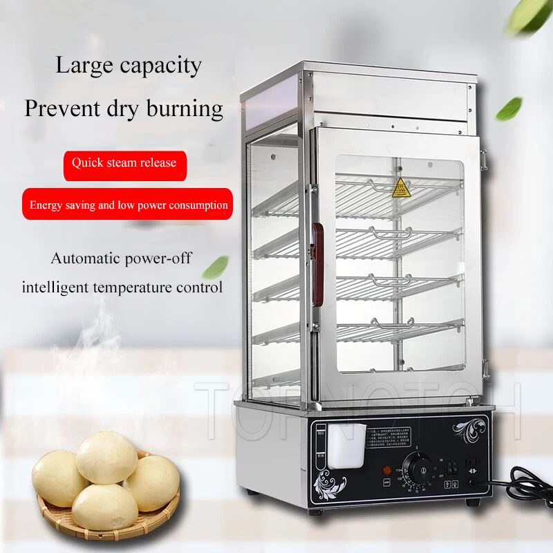 Electric Bun Steamer 5 Layers Steamed Bread Sandwich Hot Showcase Stainless Steel Glass Cabinet Desktop Food Warmer Display