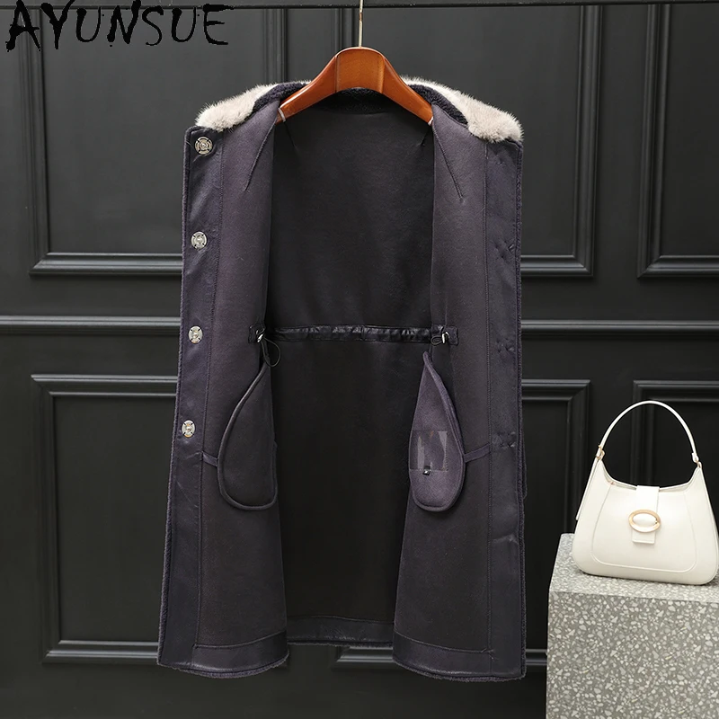 AYUNSUE 100% manteau de laine femmes col de fourrure de vison véritable mouton peau de mouton veste vêtements d'hiver femme fourrure Composite П199ьто Ж брае