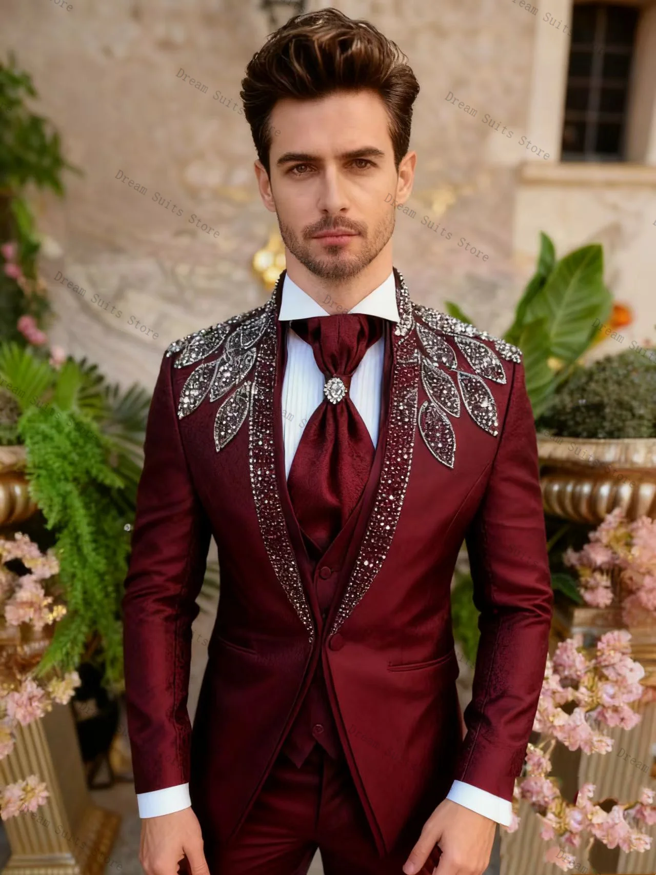 

Burgundy Men Suit Set 2 Pcs Crystals Blazer+Pants Trousers Cotton Customized Formal Office Business Jacket Wedding Tuxedos Coat