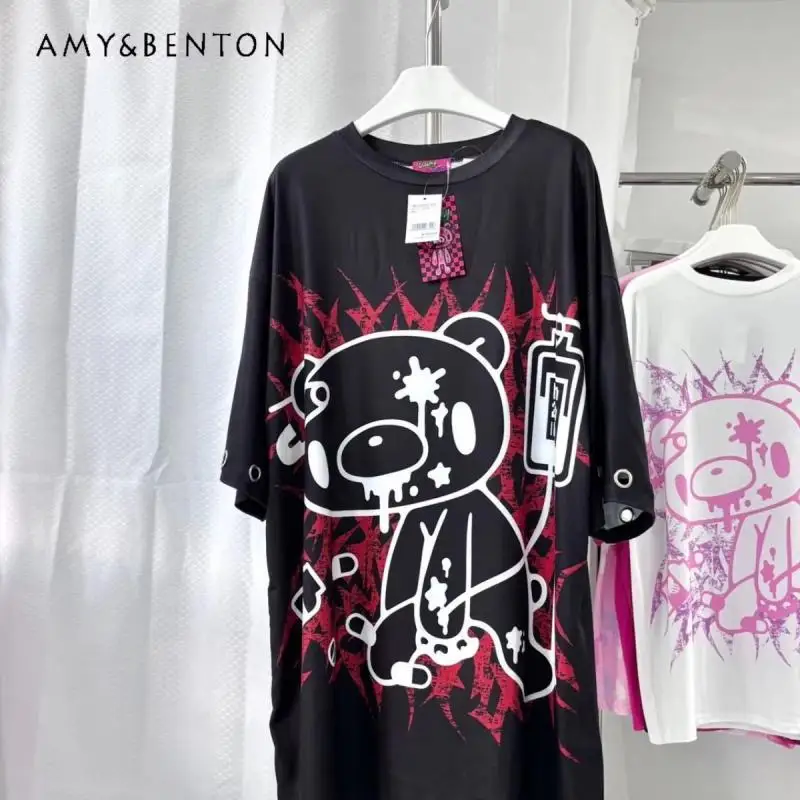 Y2K Japanisches, dunkles, übergroßes Subkultur-T-Shirt mit kurzen Ärmeln, rot-schwarz, kontrastierende Farben, Cartoon-Print, Rundhalsausschnitt, Gothic-Oberteil – Detail 3