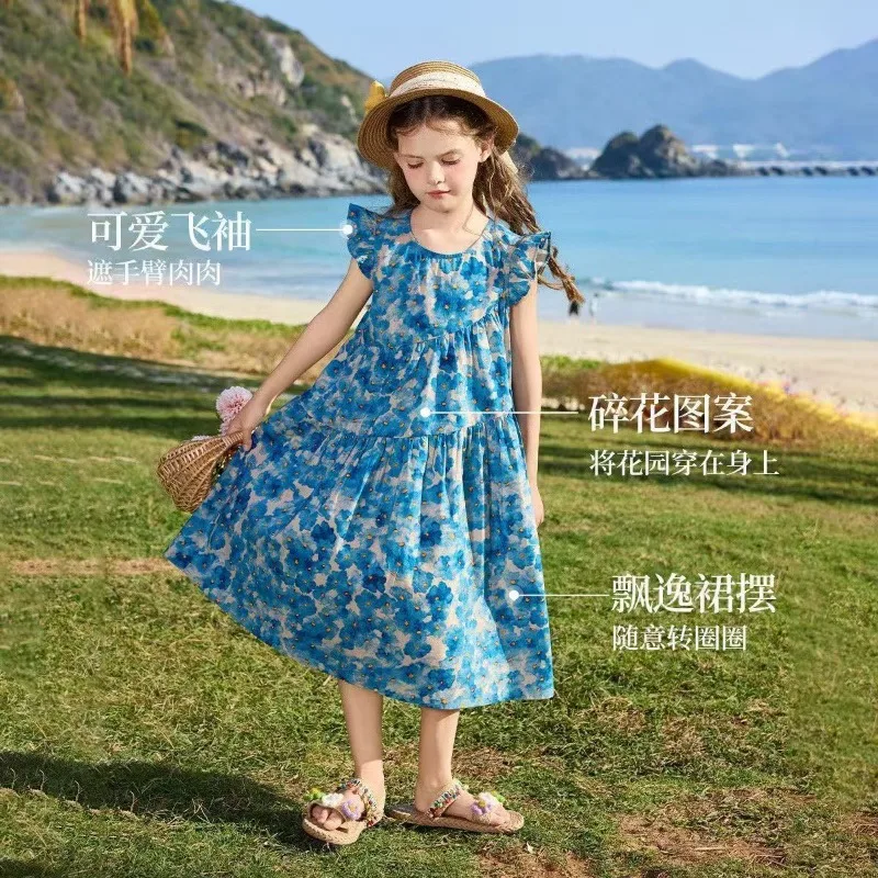 

Summer New Blue Girl Casual Clothes Round Neck Lace Floral Puff Cake Princess Sleeveless Dress Sweet Birthday 6-12 Year Old