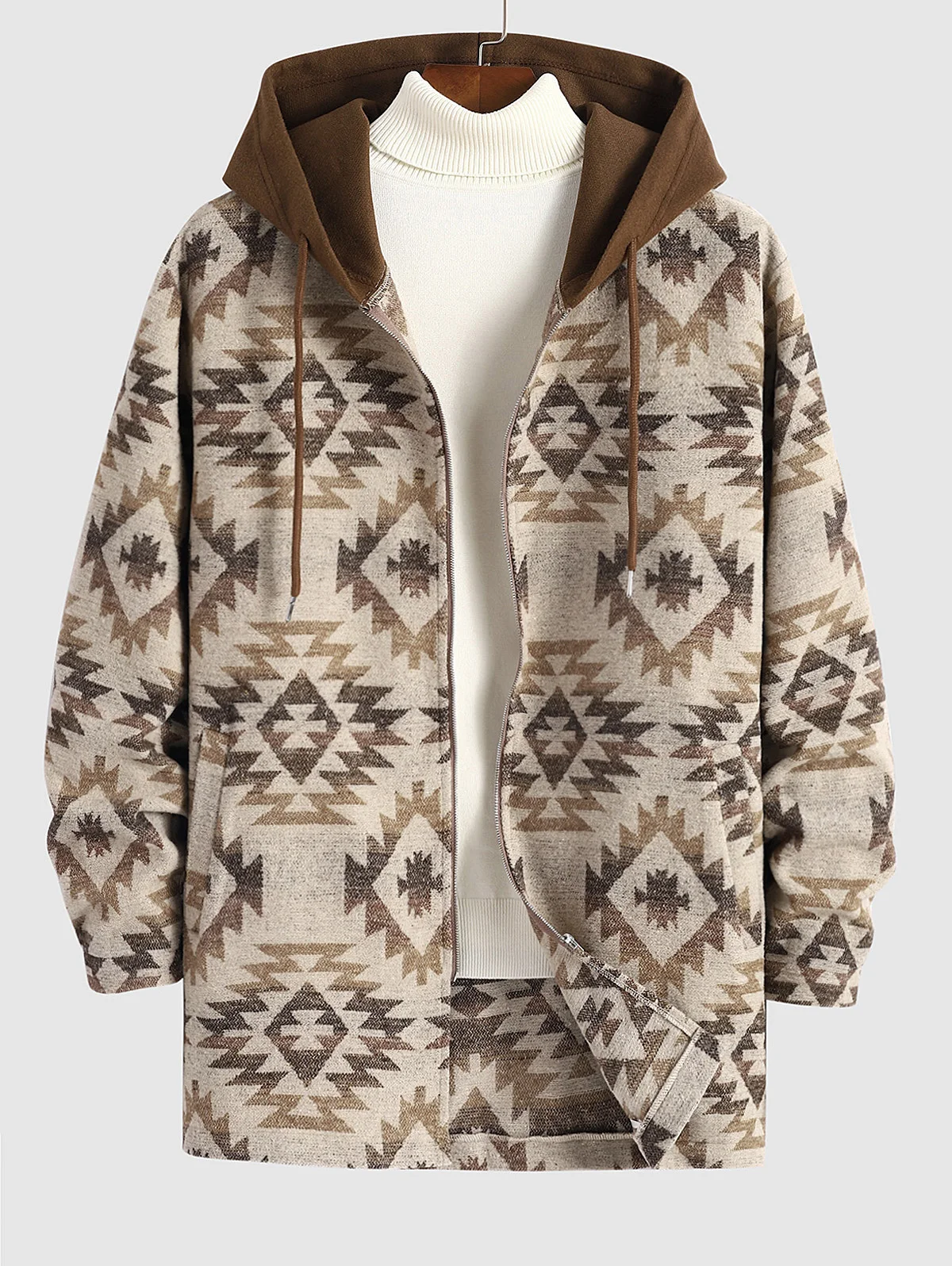 ZAFUL Men's Colorblock Zip Up Longline Woolen Aztec Ethnic Geometric Print Pocket Hooded Coat