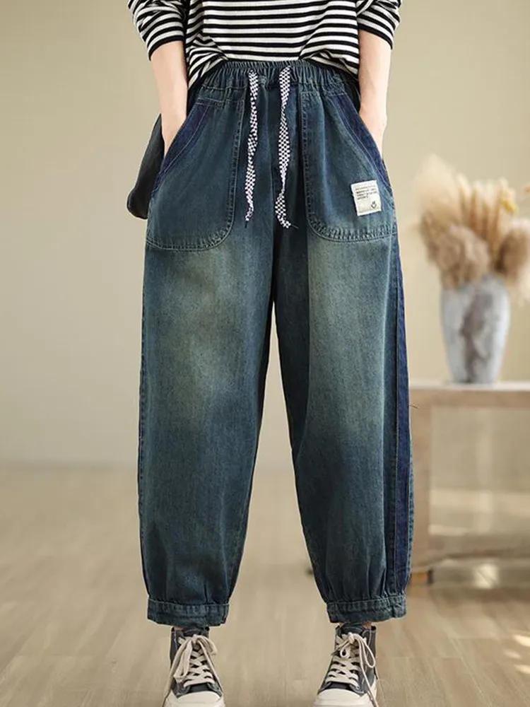 

Fashion Autumn Drawstring Bloomers Women's Retro Pockets Jeans Trendy Wash Wide-leg Jeans Versatile Loose Streetwear Harem Pants