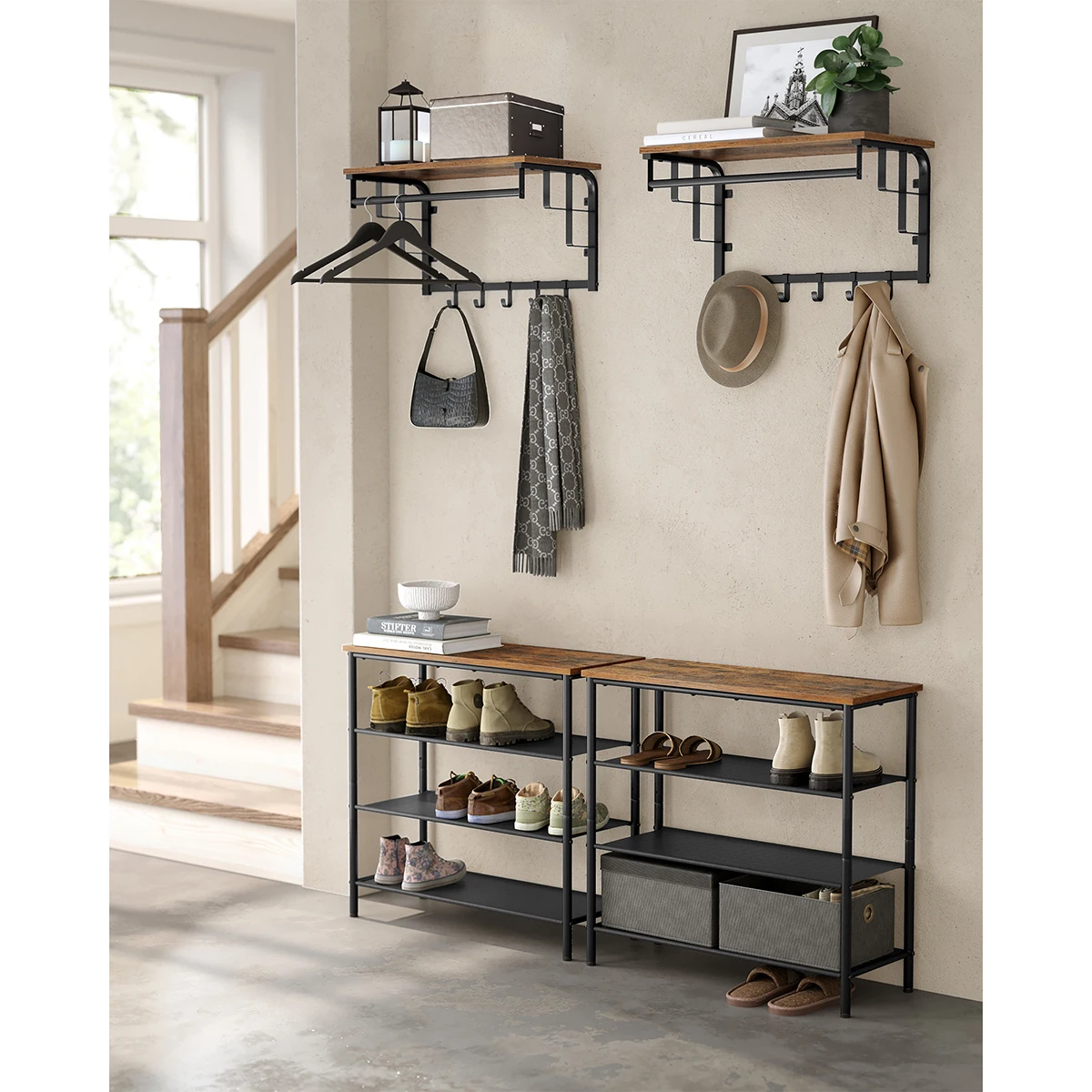 VASAGLE Wall Mounted Coat Rack with Storage Shelf, Wall Shelf with 5 Removable Hooks, Hanging Shelf with Rod, for Entryway