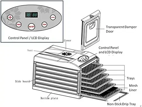 "Silent" 9 Stainless Steel Tray Dehydrator with Digital Timer and Temperature Control for Fruit, Vegetables, Beef Jerky,