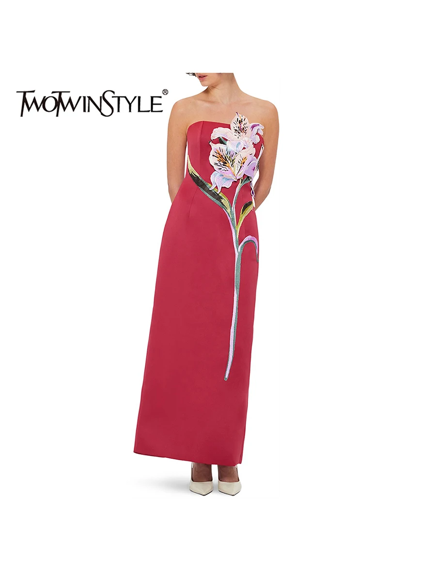 

TWOTWINSTYLE Hit Color Printing Spliced Appliques Dresses for Women Strapless Sleeveless High Waist Vintage Midi Dress Female