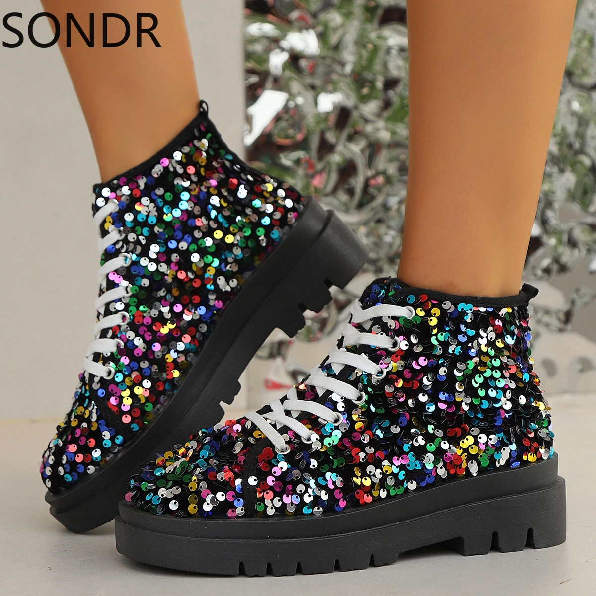 Womens Sequins Rainbow Colors Bling Ankle Boots Flats Lace Up Round Toe Retro Casual Shoes 2Styles  New 2024