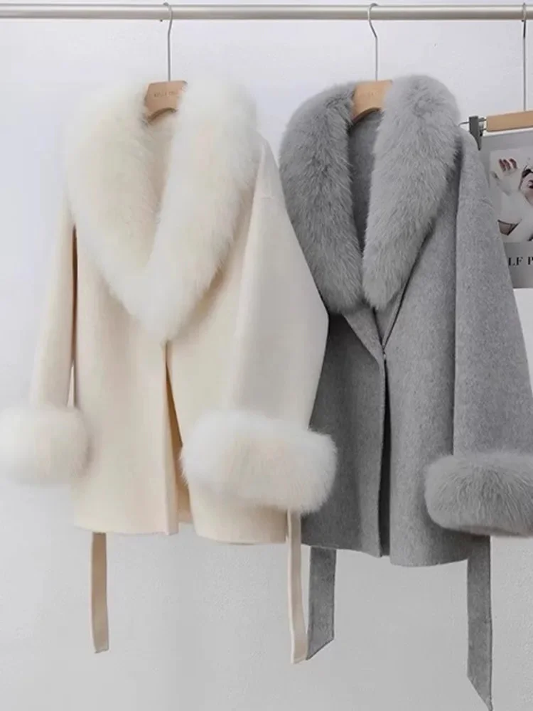 Dwustronny wełniany płaszcz damski z futra lisa Colalr długie rękawy Patchwork luksusowe płaszcze z paskiem 2025 zimowy nowy 2DB2100