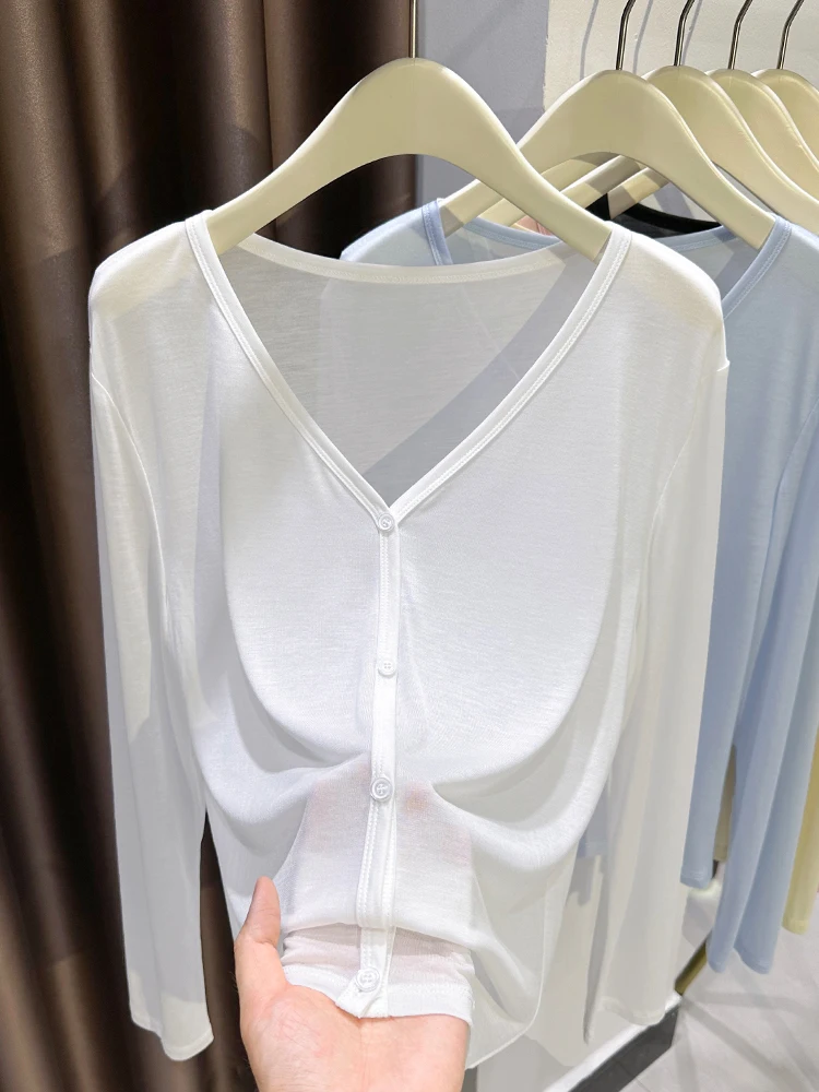 

Солнцезащитный кардиган из шелковистого вискозного полотна для пляжа, женский, свободного кроя, с длинными рукавами, V-образным вырезом, на пуговицах, легкий, весенний, как накидка