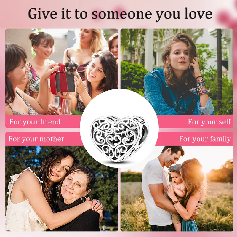 2025 New 925 Pure Silver Pendant Bead Wrapped Love Heart Fits Original Bracelet Jewelry Gift