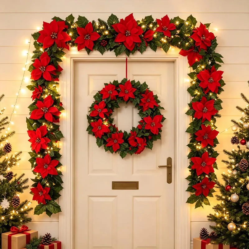 175cm Artificial Poinsettia Garland Vine Christmas Red and Green Flower String for Table Centerpiece Fireplace Mantel Decor