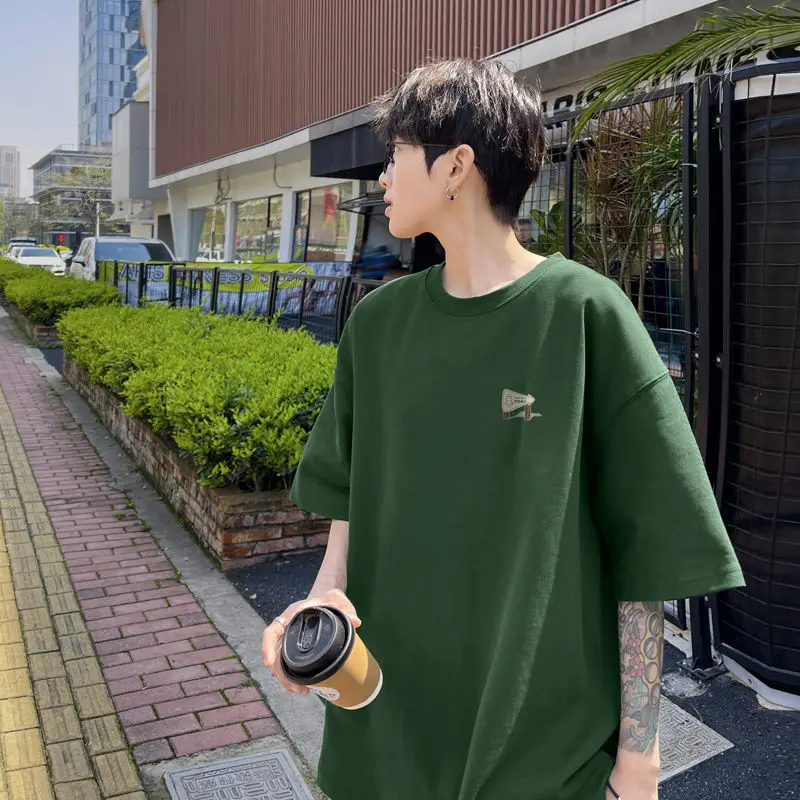 Dark Green Heavyweight T-shirt for Men with A Small Neckline American Retro Cotton Short Sleeved Loose Oversized Round Neck Top