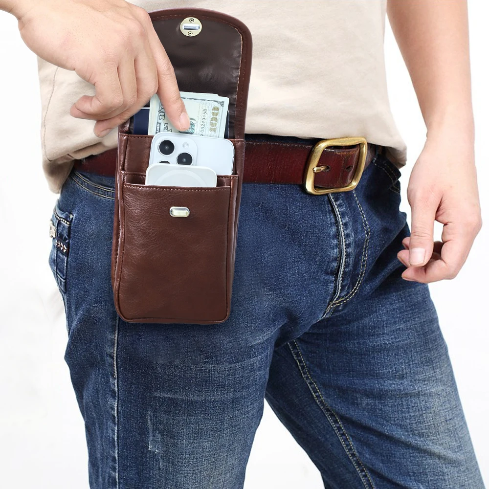 

CONTACT'S Мужская поясная сумка для телефона из натуральной кожи Роскошные поясные сумки из потертой кожи Вертикальная поясная сумка для iPhone Pro Max 6,9 дюйма