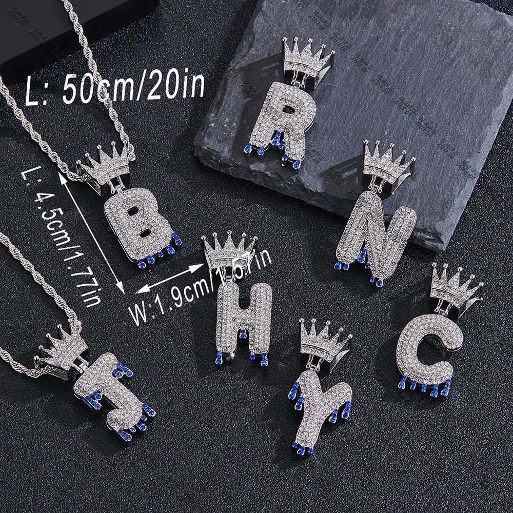 Hip Hop Iced Out Bling Cubic Zirconia A-Z Drip Crown Initial Letters Pendant Gold Silver Color Hip Hop Jewelry For Men Women