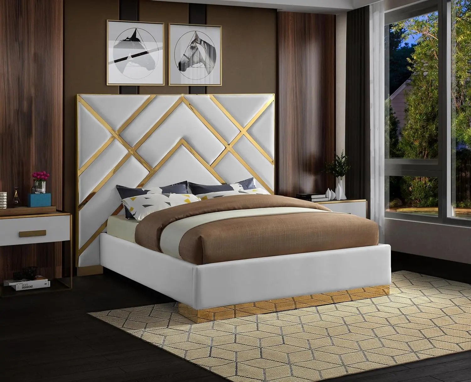 Meridian Furniture Vectorwhite-Q Vector Collection Modern | Contemporary Vegan Leather Upholstered Bed, Custom Gold Metal Base