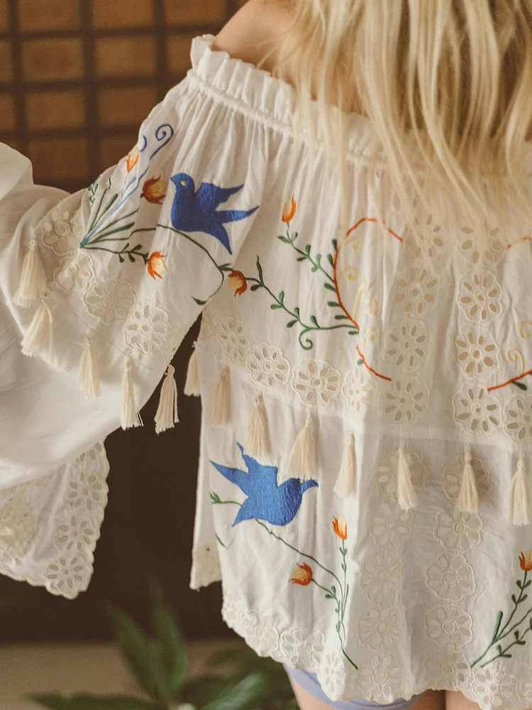 KHALEE YOSE Boho Off-shoulder Top Blouse Sexy Vintage Floral Embroidery Shirt Hollow Out Tassel Chic Tops Loose Women Blouses