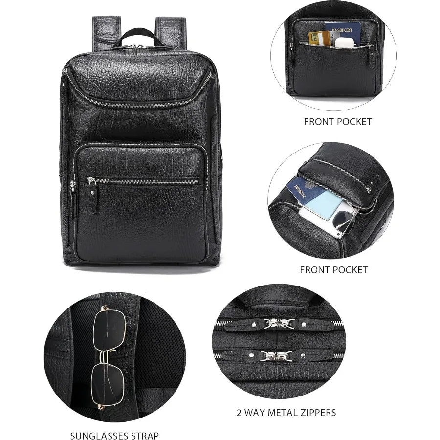 حقيبة ظهر من الجلد المحبب بالكامل من LANNSYNE للرجال مقاس 15.6 بوصة حقيبة ظهر جلدية للكمبيوتر المحمول والمشي لمسافات طويلة حقيبة سفر للتخييم #4