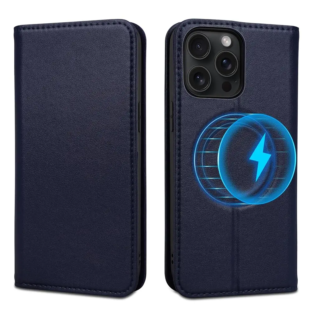 

Wallet Case For Iphone 15 Pro Max 6.7"", Genuine Leather Flip Folio Book Case Compatible With Magsafe, Rfid Blocking Magnetic