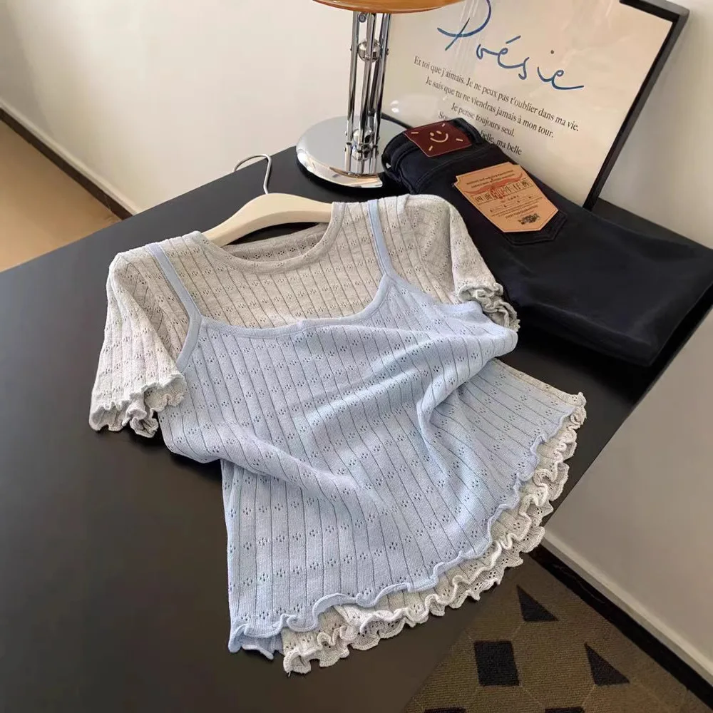 Contrasting Color Fake Two-piece Suspender Knitted Sweater Short Sleeves 2026 Spring and Summer New Fungus Edge Retro Gentle Top