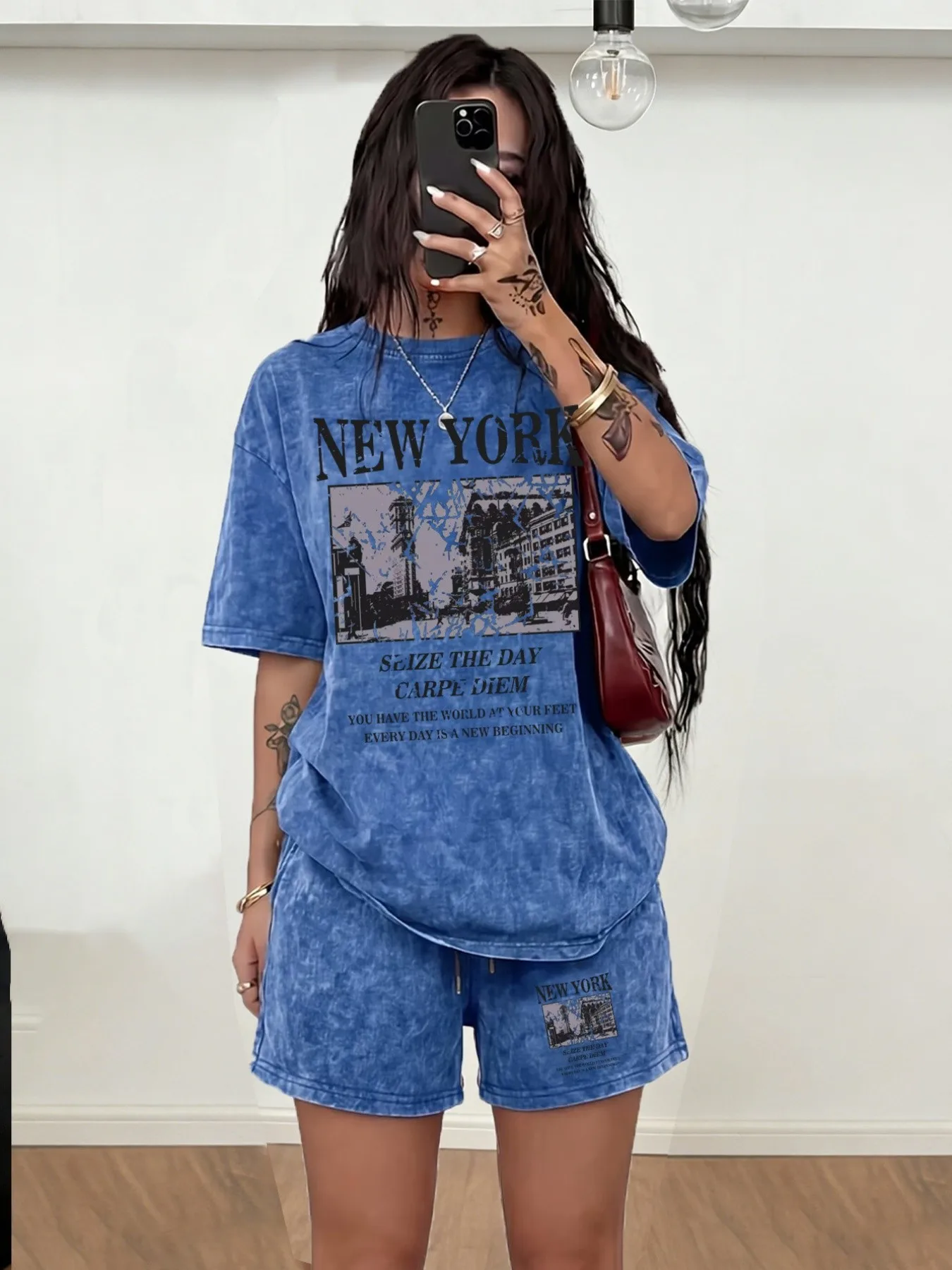 Summer women's suit with letter print lightweight breathable casual fashionable retro streetwear clothing