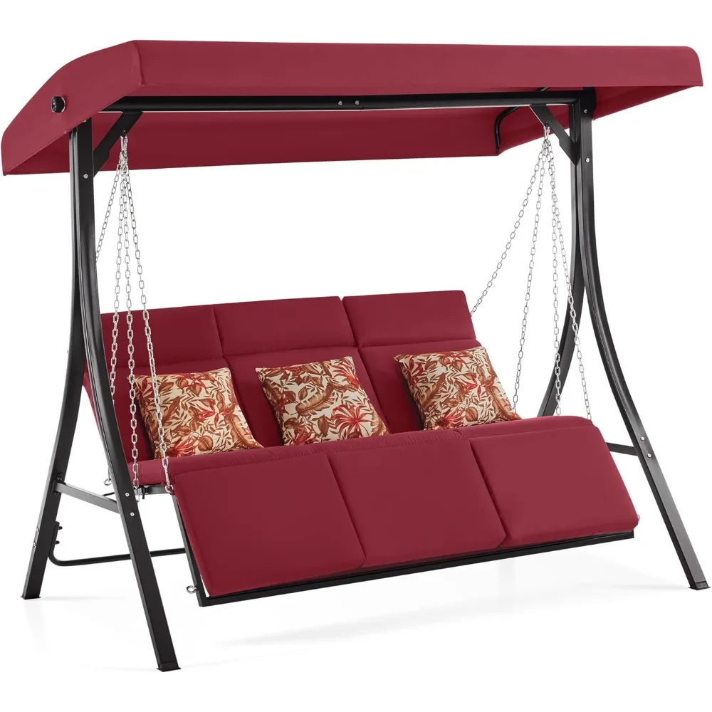 

3-Seat Convertible Porch Swing, for Various Postures, Reclining Outdoor Swing Chair, with Chain Armrest, Patio Glider Chair