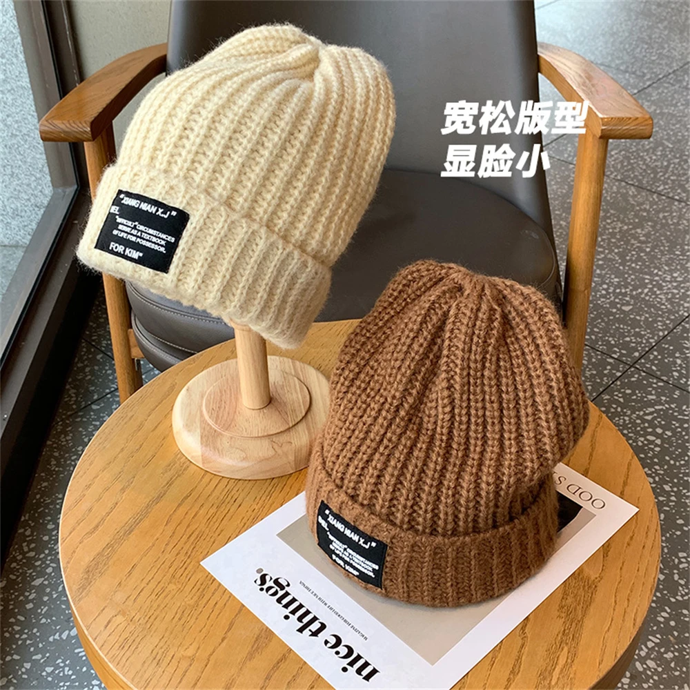 2024 Korean Warm Knitted Hat Solid Color Windproof Woolen Hats Women Ski Slouchy Cap Skull Warm Knitted Beanies Hat Balaclava