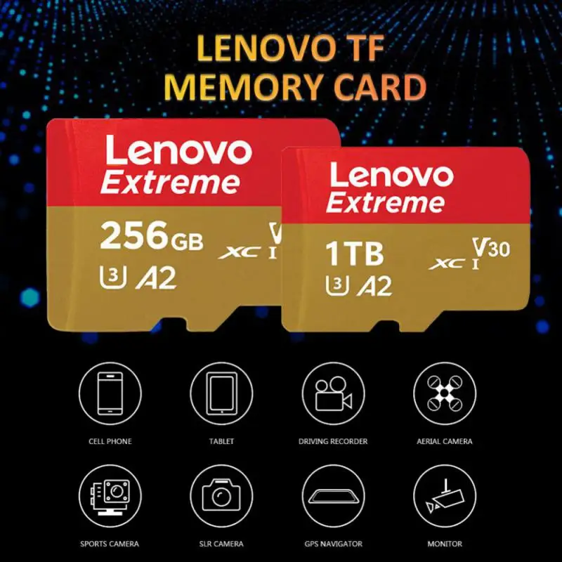 Lenovo SD Memory Card 256GB Micro TF/SD Card 1TB 2TB Class 10 High Speed A2 Flash TF Card 32GB 64GB Flash Card for 4K Camera