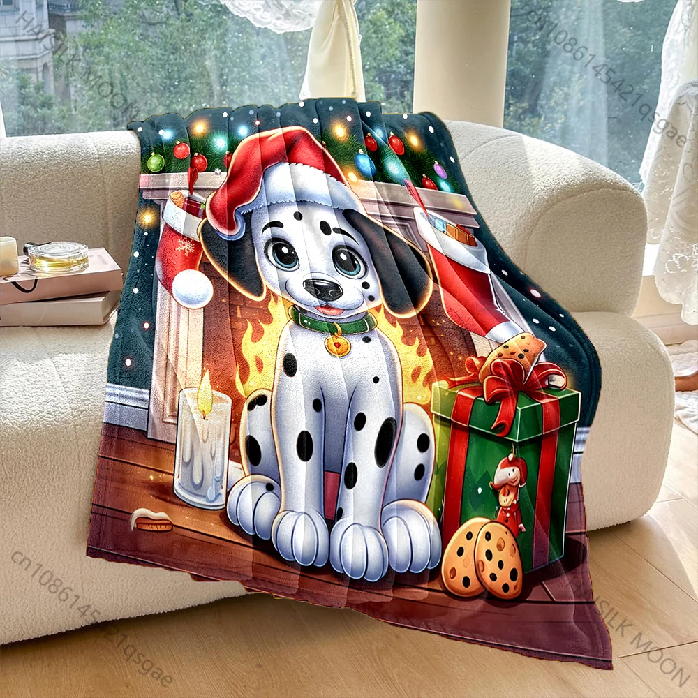 Dalmatian Puppy with Christmas Decor Pattern Blanket Flannel Material Soft Warm for All Seasons Home Outdoor Camping Picnics RV