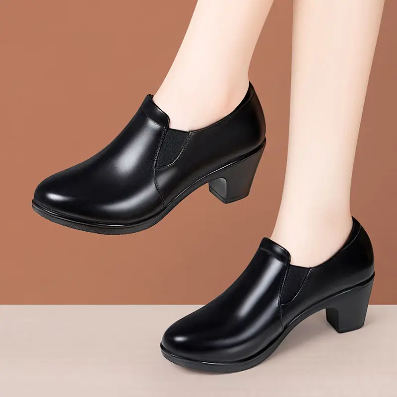 high quality leather shoe for women 6cm mid heel platform point toe 33 34 43 elegant and fashion autumn winter shoe black