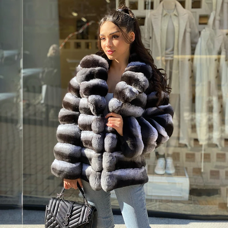 Lapel Thicken Natural Chinchilla Fur Coat Women Fashion Casual Outertwear Strip Sewed Cozy Real Rex Rabbit Fur Jacket Female