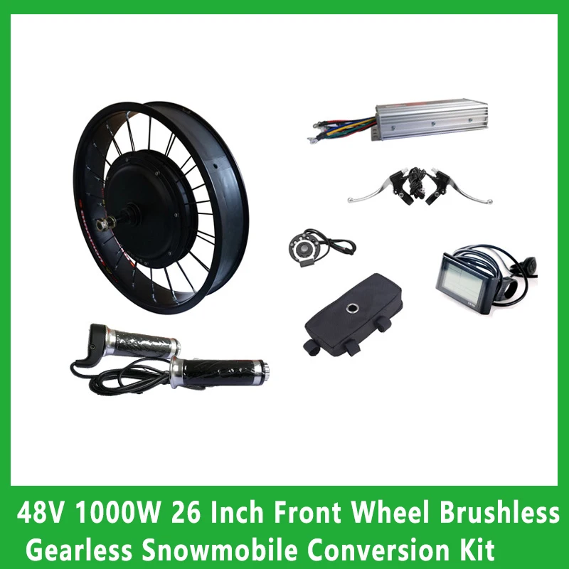 48V 1000W 26 Inch Front Wheel Brushless Gearless 205 Series Hub Motor Unilateral Axis Electric Bike Snowmobile Conversion Kit LC