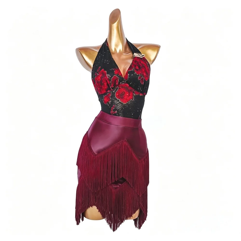 women-red-rose-latin-dance-costume-mesh-backless-bodysuit-burgundy-fringe-leather-skirt-salsa-cha-cha-practice-dance-dress