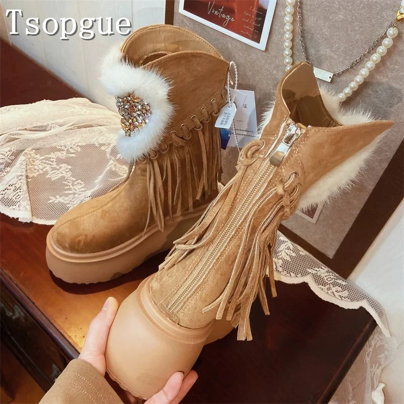 Rhinestones Sponge Cake Thick Soled Cotton Boots Women Winter New Thick Platform Warm Snow Booties for Outdoor Daily Holiday