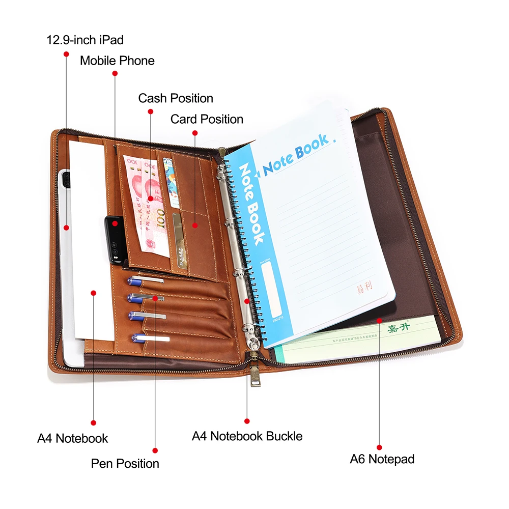 Portfel z prawdziwej skóry mężczyźni kobiety wiele kieszeni Padfolio okładka dokument biznesowy organizer A4 12.9 "uchwyt na iPada