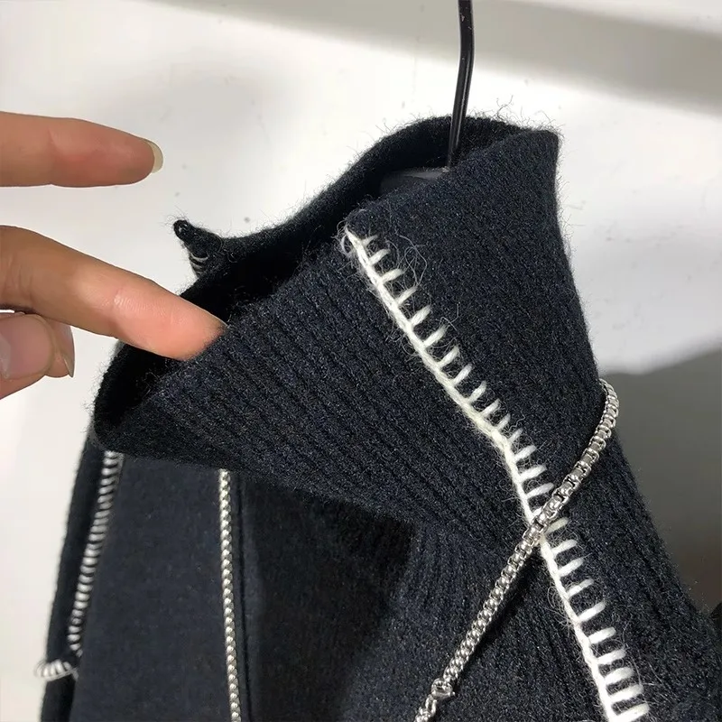 سترة شتوية أصلية عصرية للرجال باللونين الأبيض والأسود الداكن المتباين مع ياقة مدورة فضفاضة على طراز هاراجوكو سترة هيب هوب للشارع #3