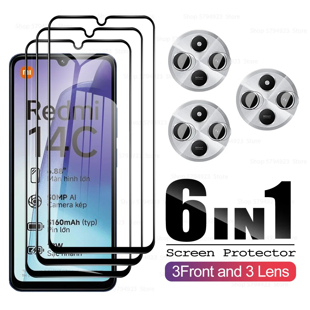 

6in1 For Xiaomi Redmi 13C 14C 4G Tempered Glass Black Edge Screen Protector For Redmy Redmi13C 13 14 C Redmi14C Camera Lens Film