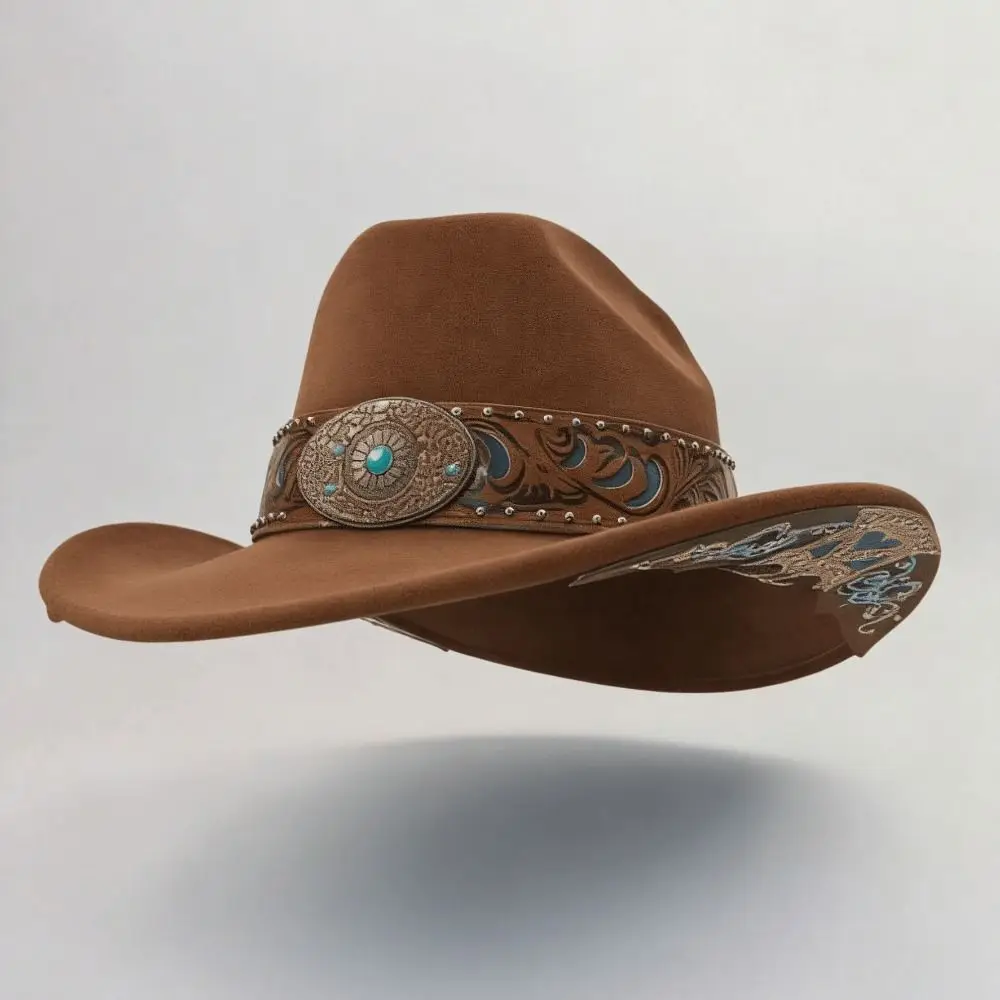 Dress Up Western Cowboy Hat Turquoise Decor Wide Brim Ethnic Style Fedora Hat Panama Bohemian Western Cowboy Jazz Hat