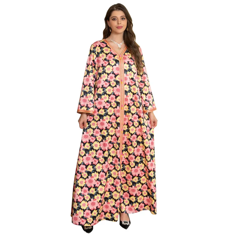 Muslim Dress Floral Patchwork Autumn Dress Long Sleeves Arab Women\'s Fashion Casual Long Dress Mubarak Abaya Dubai Islam Clothes